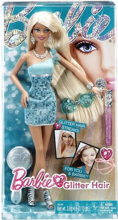 the barbie doll has blonde hair and is wearing a blue dress with sequins on it