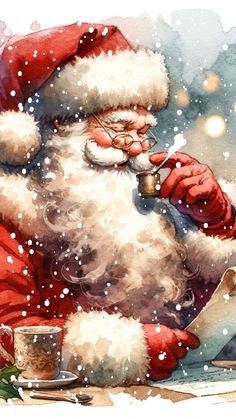 a watercolor painting of santa claus drinking from a cup