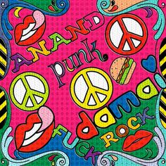 a colorful poster with peace signs and symbols