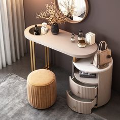 a dressing table with stool and mirror on the wall