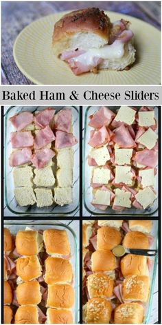 baked ham and cheese sliders are shown in four different stages to make them look like sandwiches