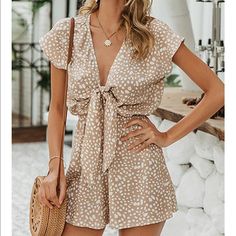 Khaki Tie-Front Romper Is Like A Breath Of Fresh Air For Your Wardrobe ! Adorable Tying Cutout, Cape Sleeve, Back K Hole Closure. 100% Polyester Bohemian Rompers, Comfy Jumpsuits, Leopard Shorts, Boho Jumpsuit, Wide Leg Romper, Pattern Romper