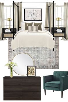 a bedroom with a bed, chair and mirror in it's centerpieces