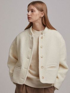 Oversized Wool Outerwear In Winter White, Cream Outerwear With Concealed Placket For Fall, Fall Cream Outerwear With Concealed Placket, Elegant Outerwear, Trendy Coats, Crop Coat, Jacket Outfit Women, Trendy Coat, Textured Coat