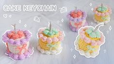 crocheted cake keychains are shown in three different colors and sizes, with the words cake keychain above them