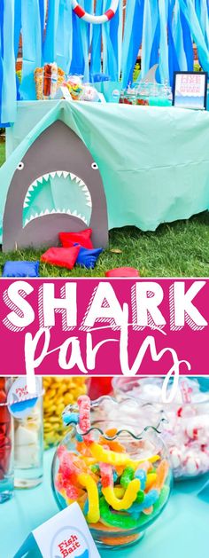 a shark party with candy and decorations