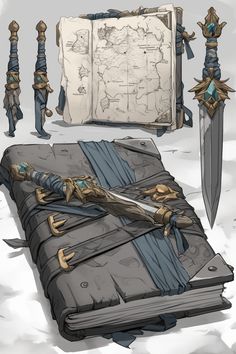 an open book with two swords and a map in the background, on top of snow covered ground