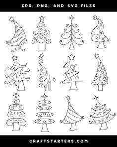 christmas trees with stars and swirls in black and white