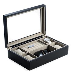 High Quality Matte Black Wood Watch Box and Slots for Rings and Cufflinks With Free EngravingWhen he needs to get his accessories such as watches, cufflinks and rings in one place for a quicker morning preparation, this matte black wood watch box is a perfect gift for him. This watch box is sizeable enough yet so compact for easier portability. It features a glass top so it can be personalized with his name or favorite tag line. The matte black finish gives an expression of elegance and uniquene Mens Valet, Wood Watch Box, Watch Organizer, S Ring, Watch Storage, Perfect Gift For Him, Black Jewelry, Watch Box, Jewelry Organizer