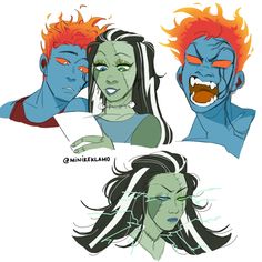 three different avatars, one with red hair and the other with green eyes are drawn in