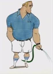 a drawing of a man holding a hose