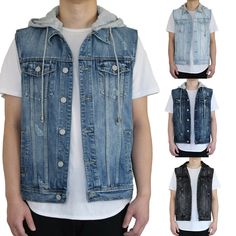 VICTORIOUS MEN'S DISTRESSED DENIM HOODIE VEST Features - Made in USA - American True to size - 100% Cotton - Shipped from US Size Spec -Chest Small :21" Medium : 22" Large: 23" X-Large : 24" 2X-Large : 25: 3X-Large : 26" 4X-Large : 27" 5X-Large : 28" -Length Small :26" Medium : 27" Large: 28" X-Large : 29" 2X-Large : 30: 3X-Large : 31" 4X-Large : 32" 5X-Large : 33" SHIPPING DETAIL - We will ship your order within 1 business days via USPS standard mail(2~5 days), or Priority mail (2~3 days) with Denim Hoodie, Hoodie Vest, Mens Vests, Vest Outfits, Western Outfits, Denim Vest, Casual Wear For Men, Distressed Denim, Priority Mail