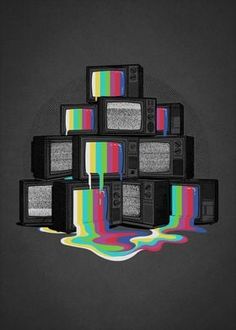 the televisions are stacked up in different colors and shapes on black background with dripping paint