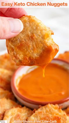 a person dipping sauce onto chicken nuggets in a bowl with the words easy keto chicken nuggets