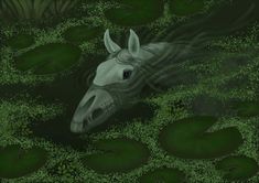 a horse is in the water surrounded by lily pads and green algaes as it looks like he's swimming