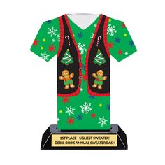 "Having an Ugly Christmas Sweater party? Or a decorating contest? Gingerbread house building competition? This is the perfect Christmas trophy for your event!  Customize this trophy with your 4 Lines of FREE personalization! If you do not want your trophy engraved, simply put \"No Engraving.\" We will send your plate separately with the trophy. Laser-engraved: 7 inch tall trophy with a professionally laser-engraved and polished gold plate.  ABOUT US: Dinn Trophy is a trusted family-owned trophy Ugly Sweater Craft, Ugly Christmas Sweater Awards, Christmas Trophy, Gingerbread House Building, Ugly Christmas Outfit, Outdoor Christmas Tree Decorations, Tacky Sweater, Ugly Sweater Contest, Blue Christmas Decor