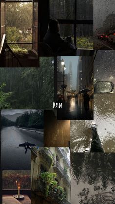 a series of photographs with rain falling on them