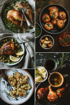 four different pictures of food including chicken, potatoes and other foods on the same plate