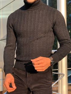 Heritage Black Slim Fit Turtleneck-baagr.myshopify.com-sweatshirts-BOJONI Khaki Sweater, Mens Knit Sweater, Black Shorts Men, Black Short Sleeve Shirt, Code Black, Fitted Turtleneck, Stylish Boys, Wool Turtleneck, Mens Winter Fashion