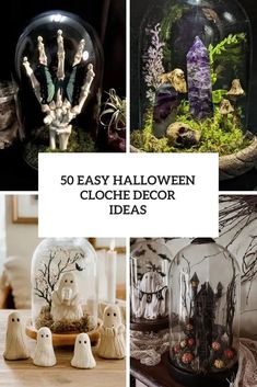 several different halloween decorations in glass domes