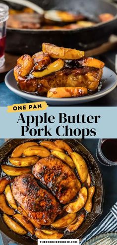 one pan apple butter pork chops in a cast iron skillet with the title overlay