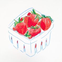 a drawing of strawberries in a plastic container