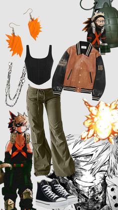 #bakugoukatsuki #bakugo #mha #myheroacademia #bomberjacket #earrings #necklace #silverchain #cargopants Bakugo Clothes Style, Spider Bakugou, Outfits Inspired By Mha Characters, Denki Inspired Outfit, My Hero Academia Outfits Ideas, Bakugo Earrings, Bakugou Inspired Outfit, Deku Inspired Outfit, Bakugo Outfit Ideas