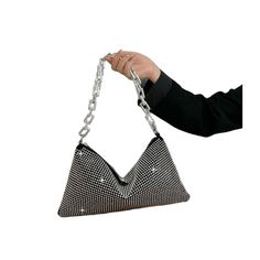 Diamonds are a girl's best friend.. Jaclyn is an exceptionally crafted designer women's shoulder bag perfect for evening events. It boasts a diamond-encrusted design with a luxurious gold link accent chain. Available in eternity silver and black silhouette, it is sure to make a stunning and impressive statement. Primary Material: Canvas Lining Material: Polyester Number of Handles/Straps: Single chain strap Interior: No pocket Size: 13.4"(L)x7.87"(W)1.2"(H) (34x20x3cm) Available in 2 exquisite c Chic Silver Handheld Shoulder Bag, Evening Shoulder Bag With Chain, Handheld, Metal Evening Bag, Evening Handheld Shoulder Bag With Chain, Trendy Evening Metal Bags, Trendy Chain Clutch Evening Bag, Trendy Evening Clutch With Chain, Trendy Clutch Evening Bag With Chain, Trendy Metal Evening Bag