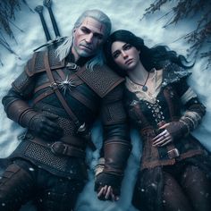 two people are laying in the snow with their arms around each other and holding swords