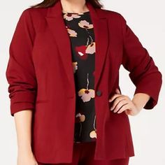 Sophisticated Meets Streamlined For The Office With Nine Wests Plus Size Blazer In A Sleek One-Button Silhouette, Designed With Long Sleeves For Great Coverage. Hits At Hip; Approx. Length: 27-1/2 Notched Collar; One-Button Closure At Front Shoulder Pads Besom Pockets Lined Polyester/Viscose/Elastane; Lining: Polyester Dry Clean Imported Due To Variances In Monitor Color, And Lighting, The Color Of Some Items May Differ Slightly From The Photographs Red Fall Office Wear Blazer, Red Blazer For Office Wear In Fall, Elegant Red Outerwear For Office, Chic Burgundy Blazer For Workwear, Red Single Button Outerwear For Work, Elegant Burgundy Spring Blazer, Animal Print Blazer, Hot Pink Blazers, Overcoat Jacket