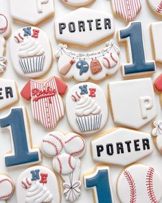 decorated cookies are arranged in the shape of baseballs and numbers, including one for each player