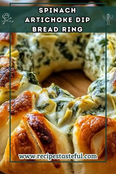 spinach artichoke dip bread ring with cheese and spinach in the middle