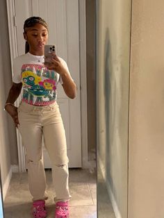 Khaki With Pink Outfit, Picture Dat Outfit School, Shein Finds Black Women, Black Teenage Girl Outfits, Tan Outfits For Black Women, 10th Grade Outfits, Yellow Crocs Outfit, Back To School Outfits Highschool Black, Croc Outfit Ideas