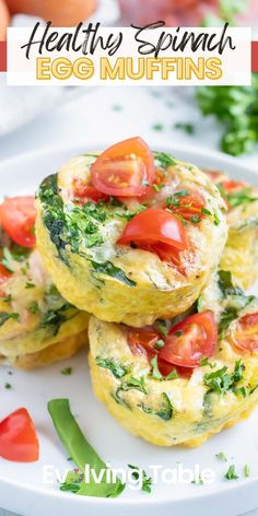 healthy spinach egg muffins on a plate with tomatoes and parsley in the background