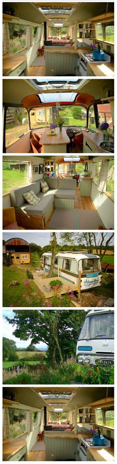 the inside and outside view of a camper with lots of windows, doors and furniture