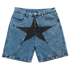 a blue jean shorts with a black star on the front and side pockets, all in denim