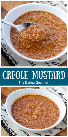 two pictures showing how to make creole mustard in a white bowl with a spoon