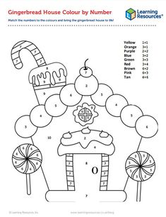 the gingerbread house color by number worksheet is shown with candy canes and candies