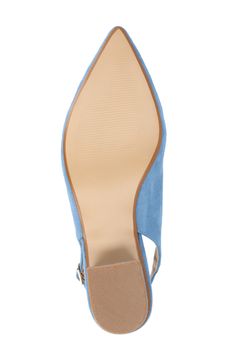 Show off sophisticated style in this pointed-toe pump secured by a slingback strap and lifted by a wrapped block heel. 1 1/2" heel Synthetic upper, lining and sole Imported Chic Blue Slingback Pumps With Block Heel, Chic Blue Block Heel Slingback Pumps, Blue Block Heel Slingback Pumps, Blue Slingback Pumps With Block Heel, Blue Slingback Pumps With Sculpted Heel, Blue Slingback Heels With Buckle Closure, Journee Collection, Slingback Pump, Sophisticated Style