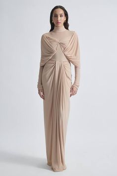 Chalk beige malai lycra and net draped dress with pleated detailing. - Aza Fashions Dress To Jumpsuit, Draped Gown, Fitted Gowns, Knitwear Outfit, Happy Clothes, Drape Gowns, Party Fits, Elegant Dresses For Women, Gowns Of Elegance