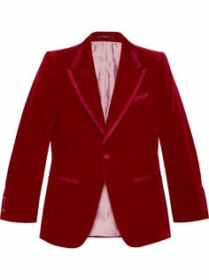 Gucci's Aria collection is a celebration of the house's centenary year and evokes its heritage, craftsmanship and Greek-inspired aesthetic. With a refined velvet finish, this deep red blazer is cut for a tailored fit and fastens at the front with a button fastening whilst boasting statement peak lapels and strong structured shoulders.

Made in Italy

Composition

Outer: Satin 100%, Velvet 100%

Lining: Silk 100%

Product IDs

FARFETCH ID: 17443107

Brand style ID: 671978Z4716 Gucci Notch Lapel Outerwear With Double Button, Gucci Notch Lapel Suit For Formal Occasions, Gucci Notch Lapel Suits For Work, Classic Gucci Business Suits, Classic Fitted Gucci Suit, Classic Gucci Suits For Business, Classic Tailored Gucci Suits, Elegant Gucci Business Suit, Elegant Gucci Formal Suits