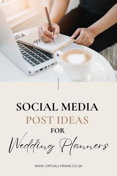 a woman sitting at a table writing on a notepad with the words social media post ideas for wedding planners