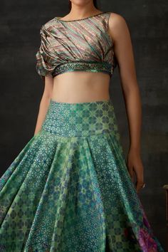 Shop for Shilpi Gupta Green Printed Blouse And High-waisted Skirt Set for Women Online at Aza Fashions Green Floral Blouse, Draped Blouse, Drape Sleeves, Satin Skirt, Leather Work, Green Blouse, Set For Women, Aza Fashion, Printed Blouse