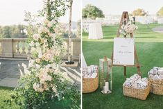 a wedding ceremony setup with flowers and wine bottles on the table, and an easel for guests to sign