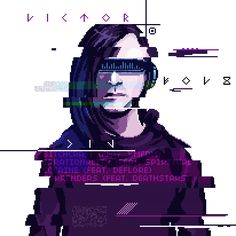 an old - school computer game character with headphones and text on the screen that says,