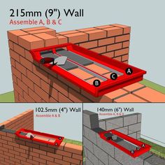 the instructions for building a wall with bricks and mortars are shown in three different views