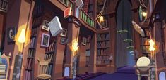 an animated image of a library with many bookshelves and lamps on the ceiling