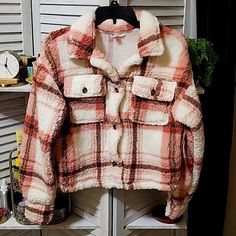 Questions? Leave A Comment Below! Trendy White Winter Shacket, Trendy White Shacket For Winter, White Collared Shacket For Winter, White Casual Shacket For Winter, Mauve And Brown, Denim Jacket With Hoodie, Hoodie Jacket Women, Plaid Hoodie, Denim Hoodie