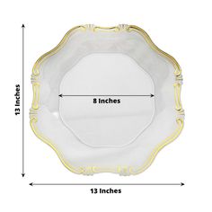 a white and yellow plate with gold trimmings on the edge, measurements for each piece