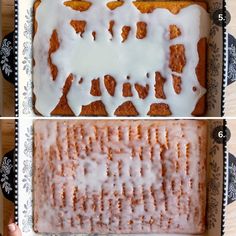 two pictures showing how to make an orange cake with icing and cinnamon on top